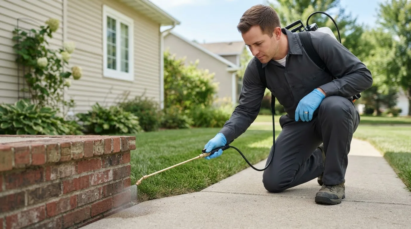 Pest control technician treating a home near Shirley, NY