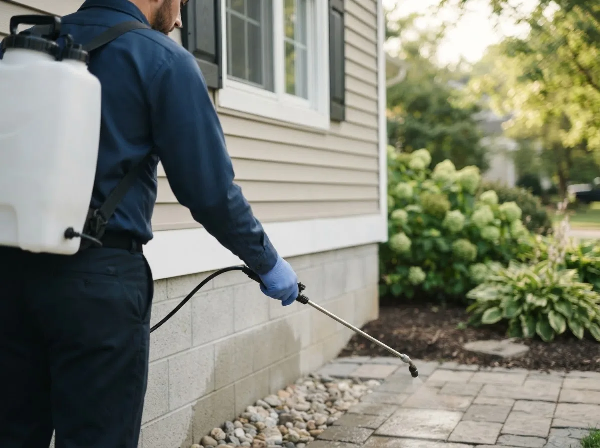 Pest control technician inspecting a home in Shirley, NY